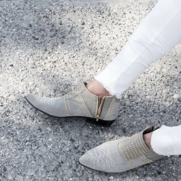 ANINE BING Charlie Low Grey Suede Gold Studded Point Toe Side Zip Shoe 37/7 - Picture 4 of 16